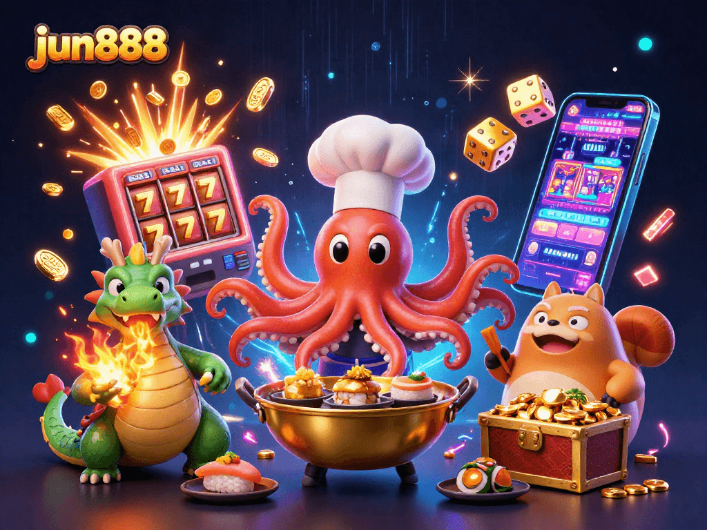 Experience the thrilling world of jun888 with a vibrant, packed 3D casino illustration full of exciting game elements.