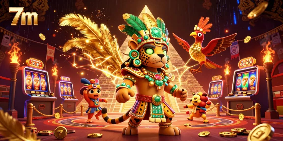 Engage in the 7m casino experience with a vibrant, action-packed scene featuring a Mayan jaguar priest.
