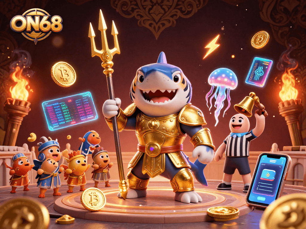 Experience thrilling gameplay at ON68 with a dynamic scene featuring a golden shark in gladiator armor.