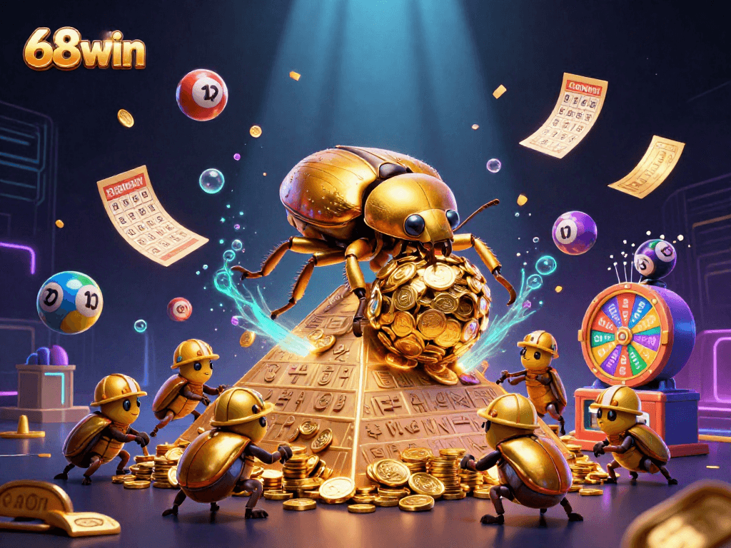 Engage with 68win's vibrant gaming world, illustrated with golden coins, lottery elements, and dynamic characters.