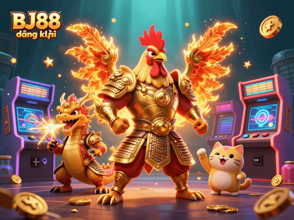 Experience thrilling BJ88 đăng ký gameplay with a dynamic rooster warrior, dragon hatchling, and gaming elements.