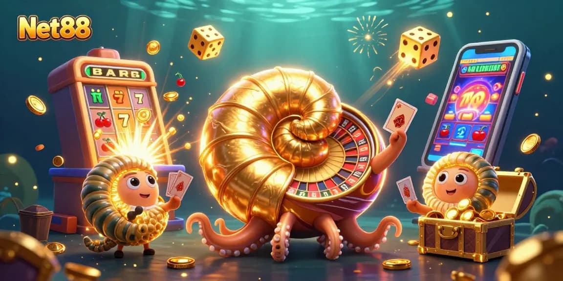 Experience thrilling gaming adventures with Net88's vibrant casino scene featuring unique characters and elements.