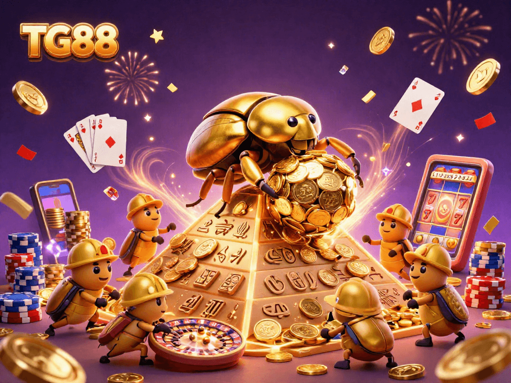 Experience TG88 with lively beetles rolling golden coins and casino elements in a dynamic casino scene.