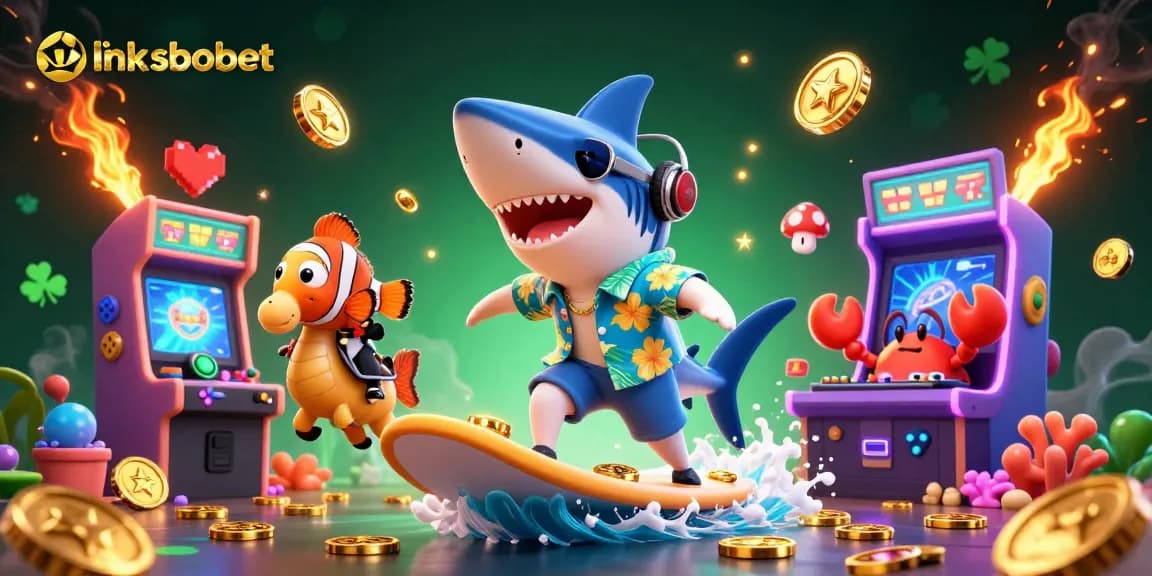 Bet on link sbobet as a shark surfs gold coins with playful characters in a vibrant casino scene.