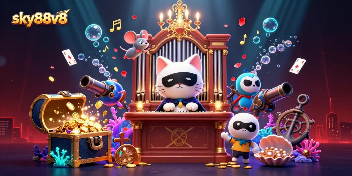 Engage with the vibrant world of sky88v8 as the cat plays organ amidst gold and gems.