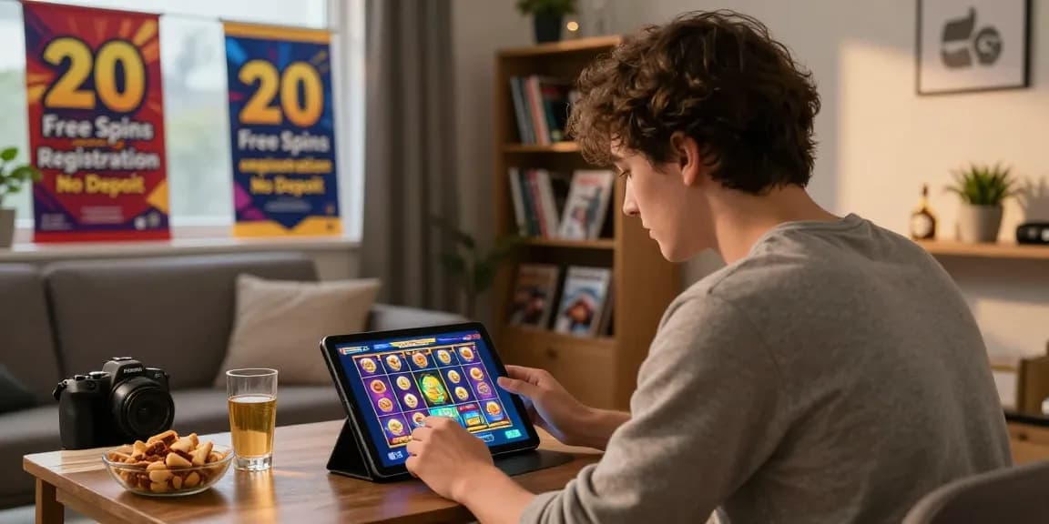Engaging online gaming experience showcasing free spins on registration UK with a player using a tablet in a cozy environment.