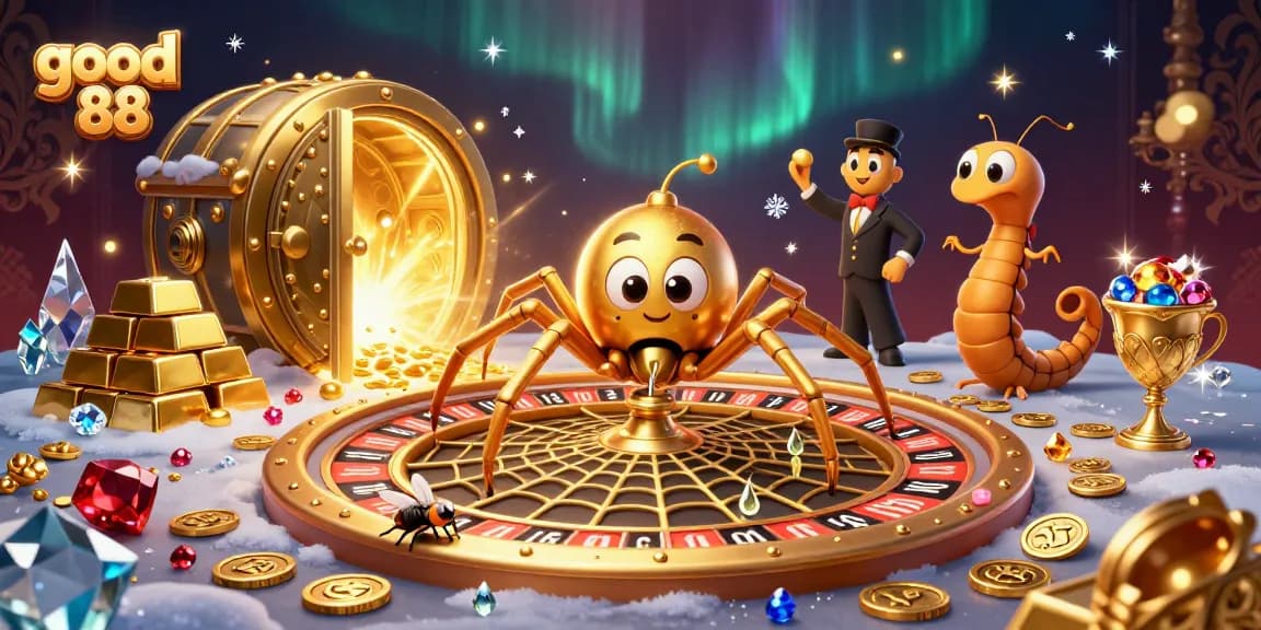 Experience the excitement of good 88 with a centipede croupier at a glittering casino scene.