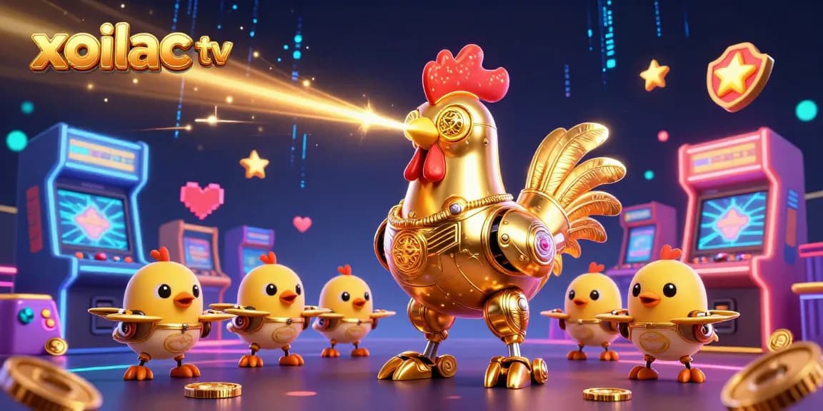 Experience xoilac tv action with a golden rooster robot and baby chick drones in a vibrant casino gaming scene.