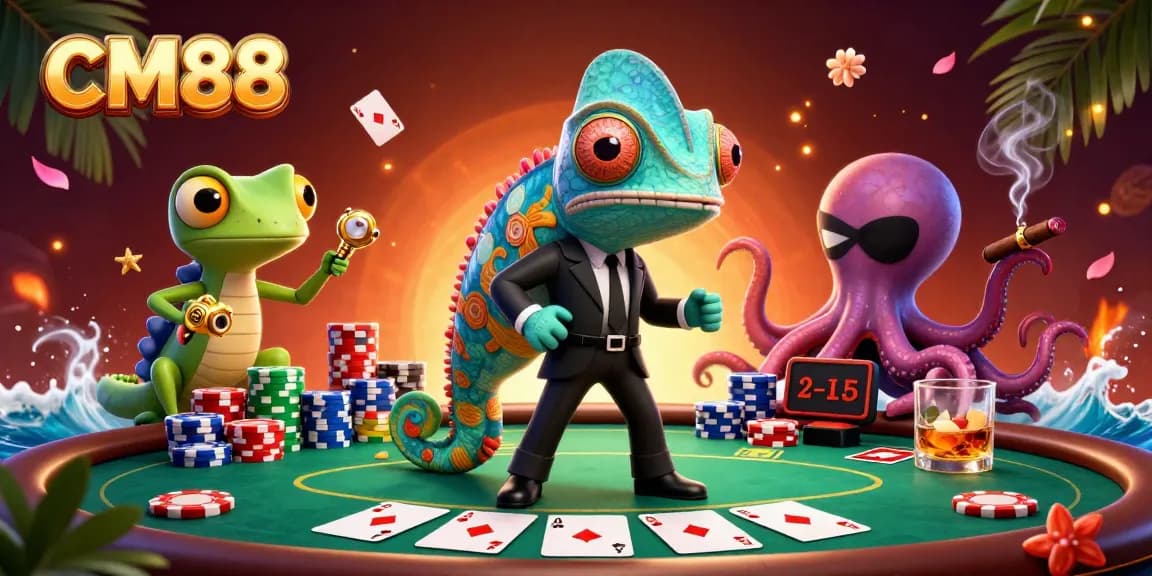 Experience thrilling poker action at CM88 with colorful game elements in a dynamic casino scene.