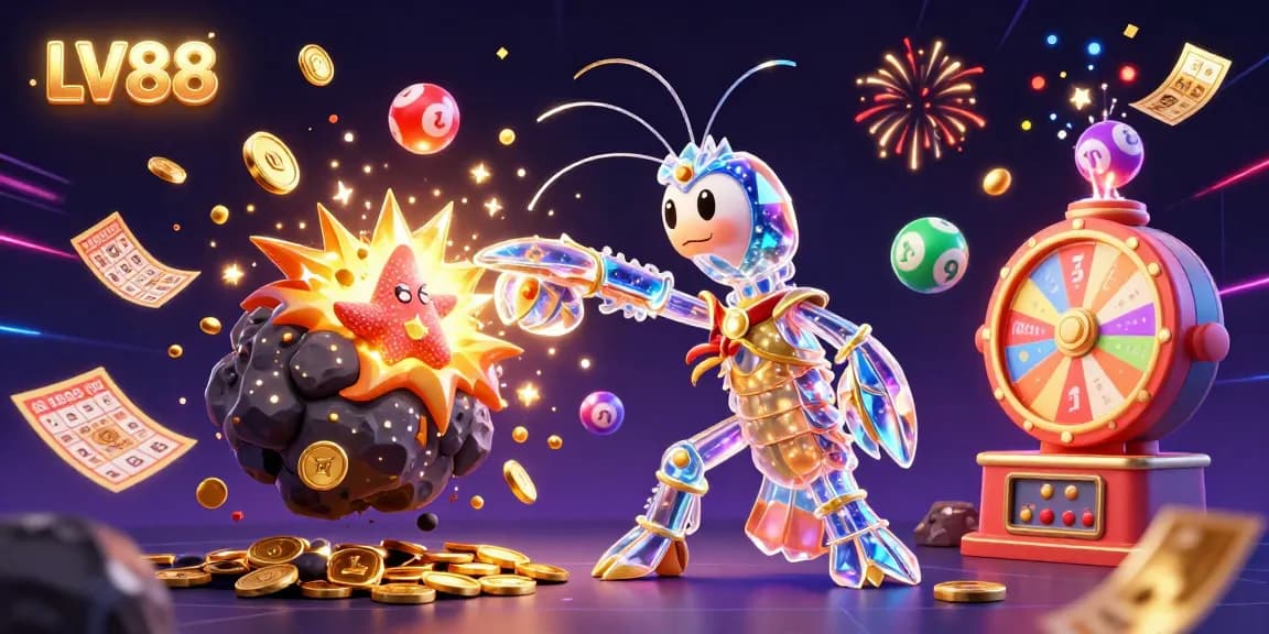 Experience the thrill of winning at LV88 with a vibrant, 3D casino-themed illustration packed with action.