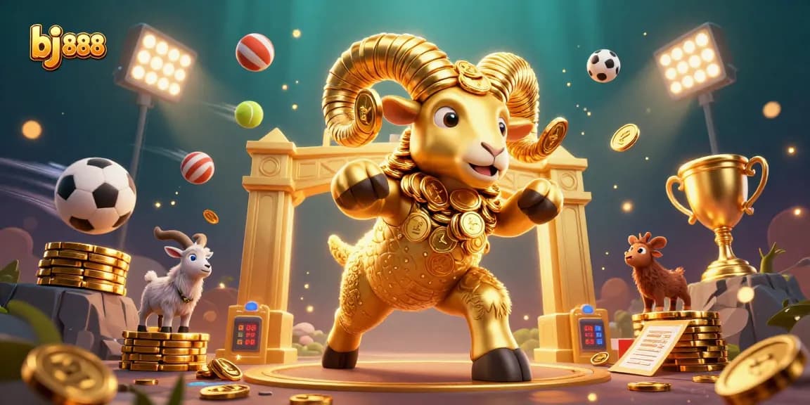 Experience thrilling action with bj 888 as the golden ram charges through a vibrant casino with sports elements!