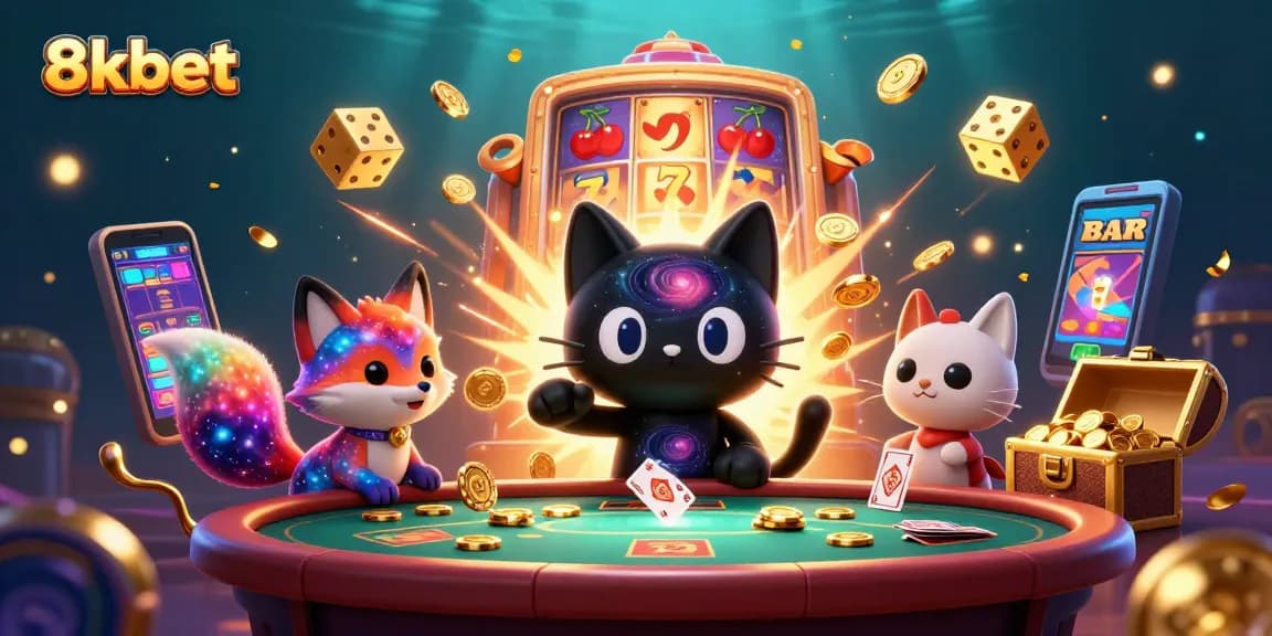 8xbet cat pulls in golden chips at cosmic casino while exciting slot machine bursts with rewards.