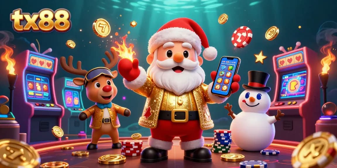Engage with tx88 as Santa spins jackpot slots in a vibrant casino adventure with colorful characters.