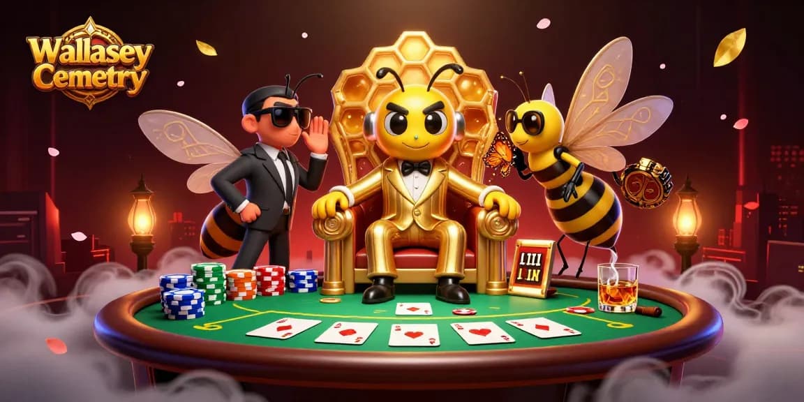 Engage with Wallasey Cemetery's vibrant gambling scene featuring a cartoon bumblebee mob boss in a poker showdown.