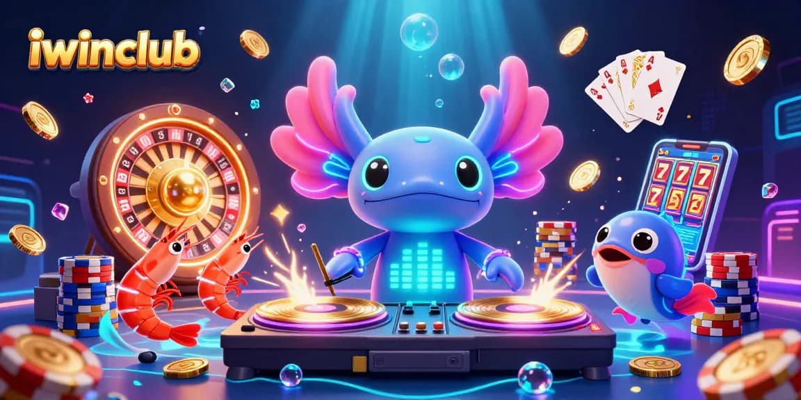 Experience vibrant gaming action with iwinclub's animated underwater casino scene featuring dancing axolotls and shimmering treasures.