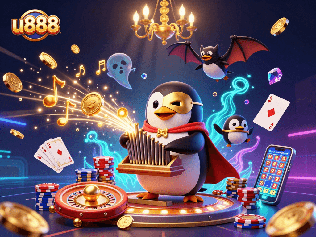 Win fortunes at u888 with a captivating 3D illustration of a casino scene full of golden coins and excitement.