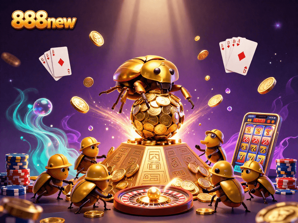 Spin the 3D roulette wheel at 888new amidst golden treasures and vibrant casino elements.