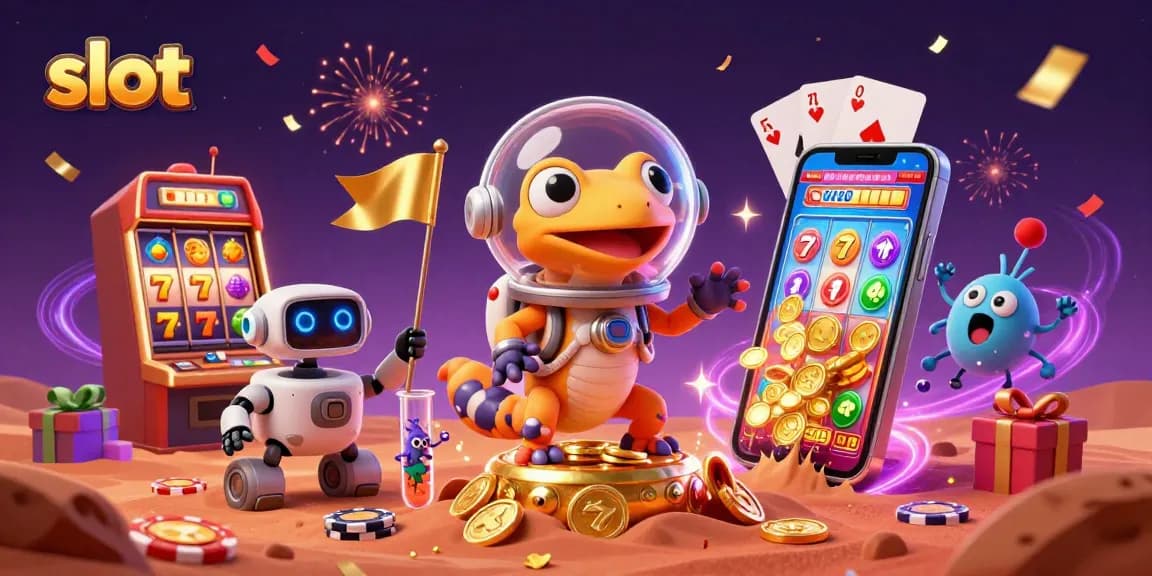 Spin vibrant slot machines with a Martian gecko in 3D casino illustration celebrating wins.