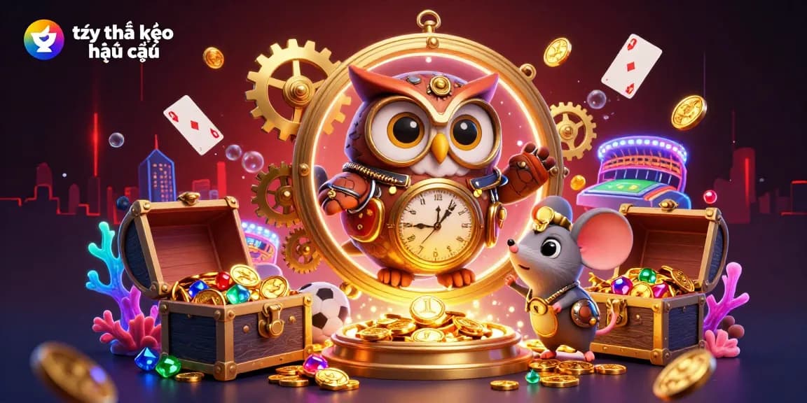 Engage with tỷ lệ kèo nhà cái through a vibrant 3D illustration of a time-traveling owl in a lively sports betting scene filled with coins and cards.