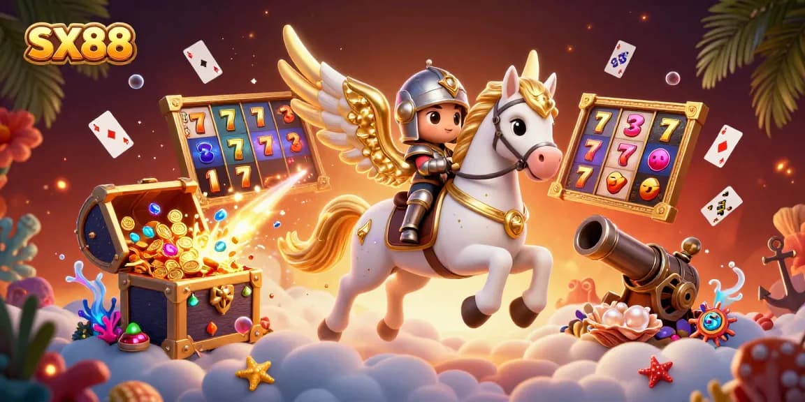 SX88 showcases dazzling casino excitement with a celestial horse and vibrant slot game elements.