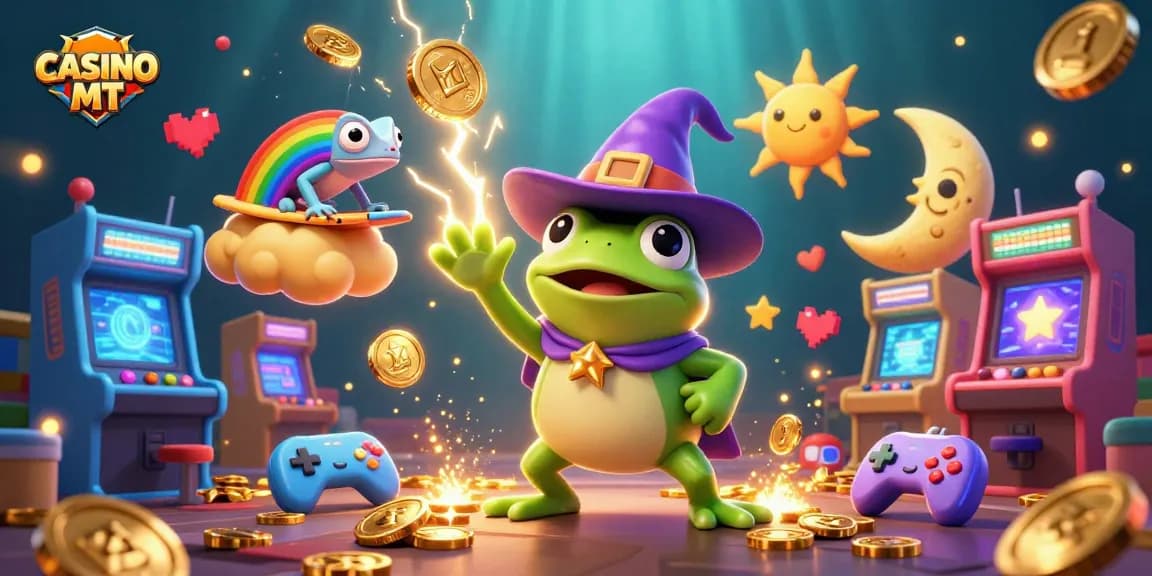 Engage with CASINO MT featuring a vibrant 3D scene of a weather wizard frog and chameleon amidst a storm of golden coins.