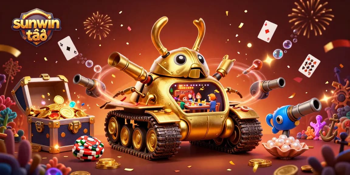 Experience the thrill of sunwin tải with a vibrant 3D casino scene featuring a golden beetle tank and treasures.