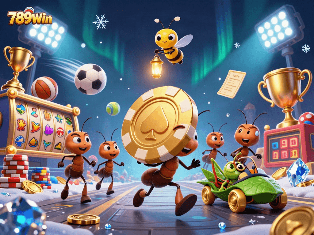 Experience exciting gameplay with 789Win as playful ants seize a golden poker chip in a thrilling casino heist.