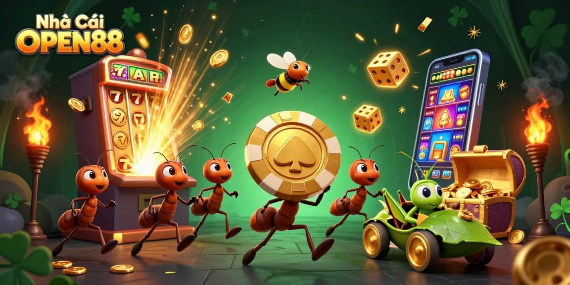Engage with Nhà Cái OPEN88 as ants carry a giant poker chip amidst vibrant casino elements.