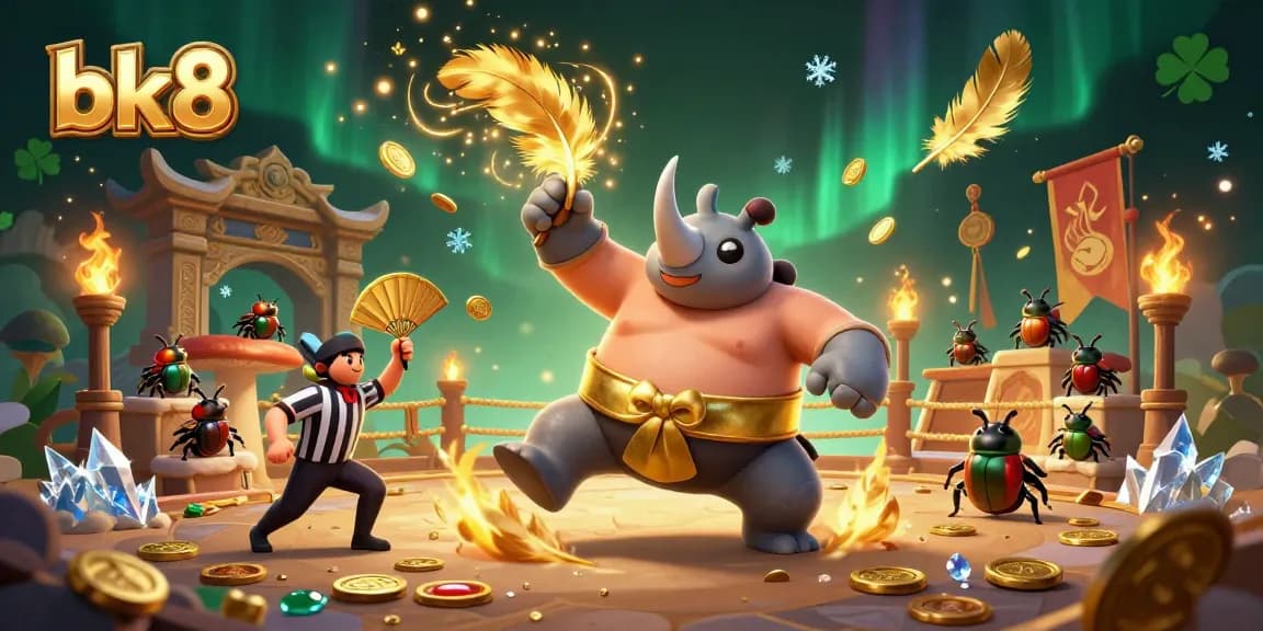 Witness the bk8 sumo beetle champion unleashing golden coins in a dynamic casino arena.