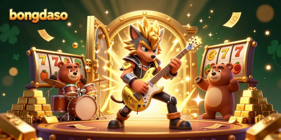 Bongdaso brings thrilling casino excitement as cartoon wolf rock star shreds guitar among vibrant jackpot symbols.