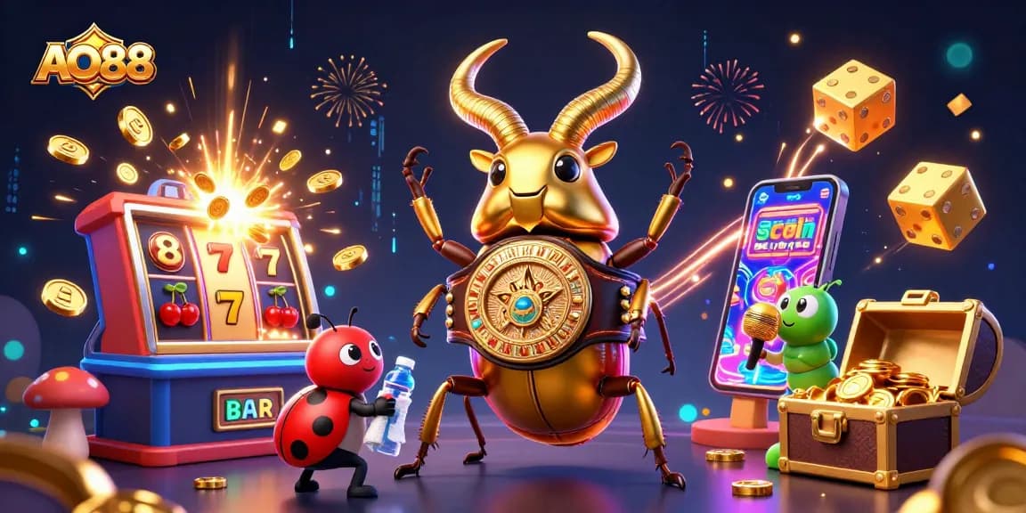 Join the fun at AO88 with a golden stag beetle boxing champion amidst vibrant casino elements!