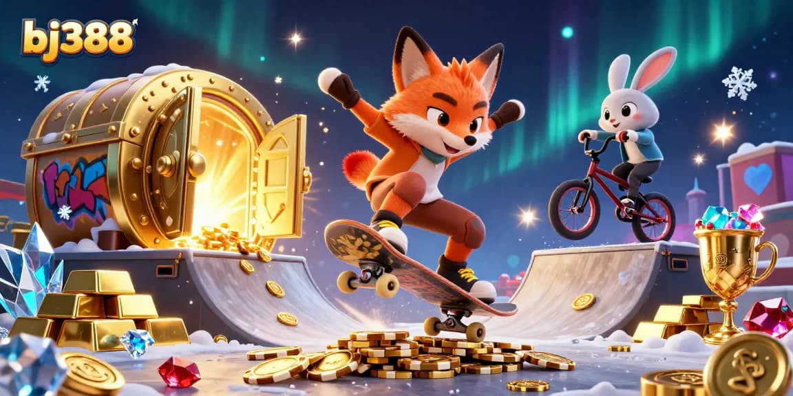 Experience the thrill of bj388's online casino with vibrant gambling elements and animated characters.