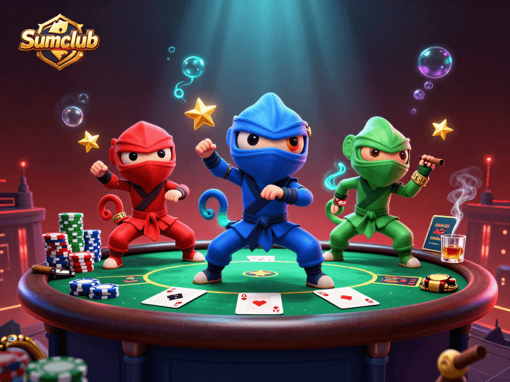 Experience the Sumclub excitement with a lively 3D scene featuring chameleon ninjas showcasing their moves amidst vibrant poker elements.