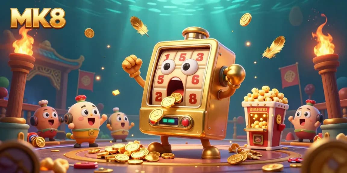 Spin the MK8 jackpot as a golden slot machine celebrates, amidst gold coins and vibrant casino elements.