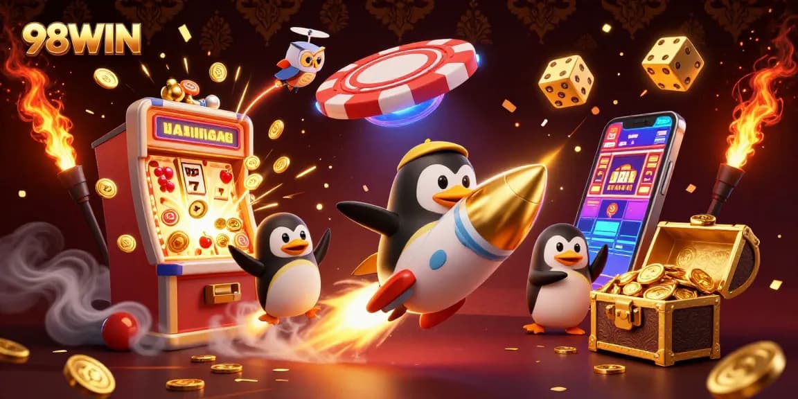 Spin and win at 98WIN with a dynamic scene of animated gaming elements and gold coins.