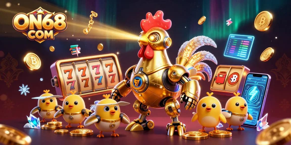 Experience the excitement of ON68 COM with a vibrant 3D casino illustration featuring futuristic characters and gaming elements.