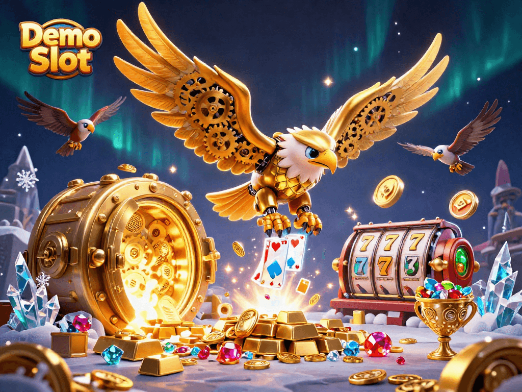 Engage with a vibrant Demo Slot scene featuring a dynamic cybernetic eagle amidst casino symbols and treasures.