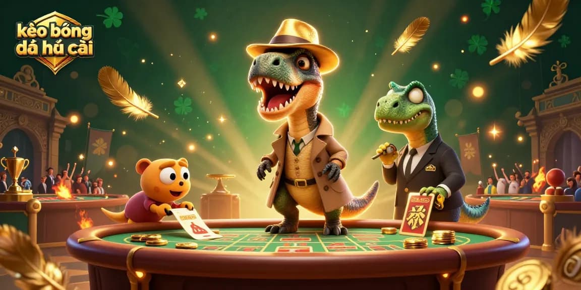 Engage with kèo bóng đá nhà cái visuals featuring a suspenseful velociraptor at a sports betting table.