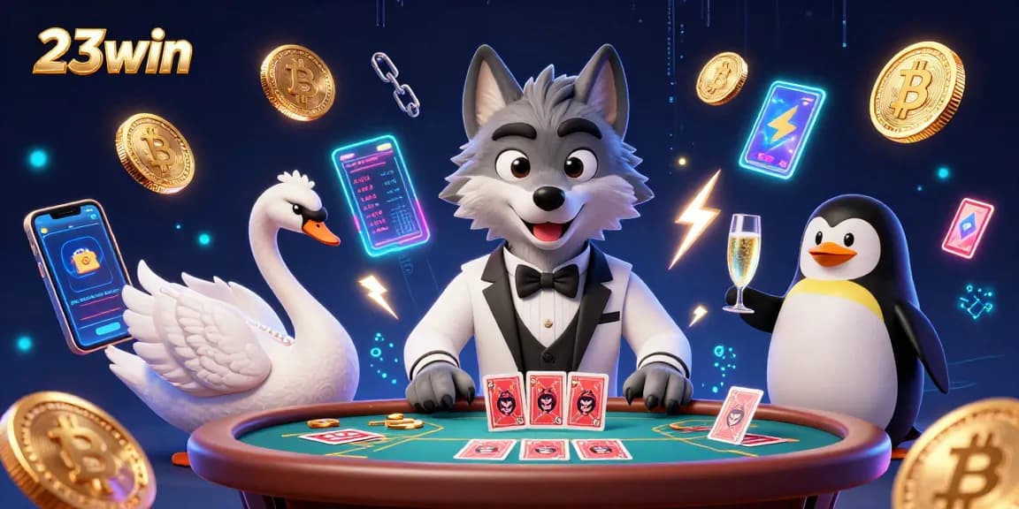 Experience the excitement of 23win with the wolf, swan, and penguin at a vibrant baccarat table.
