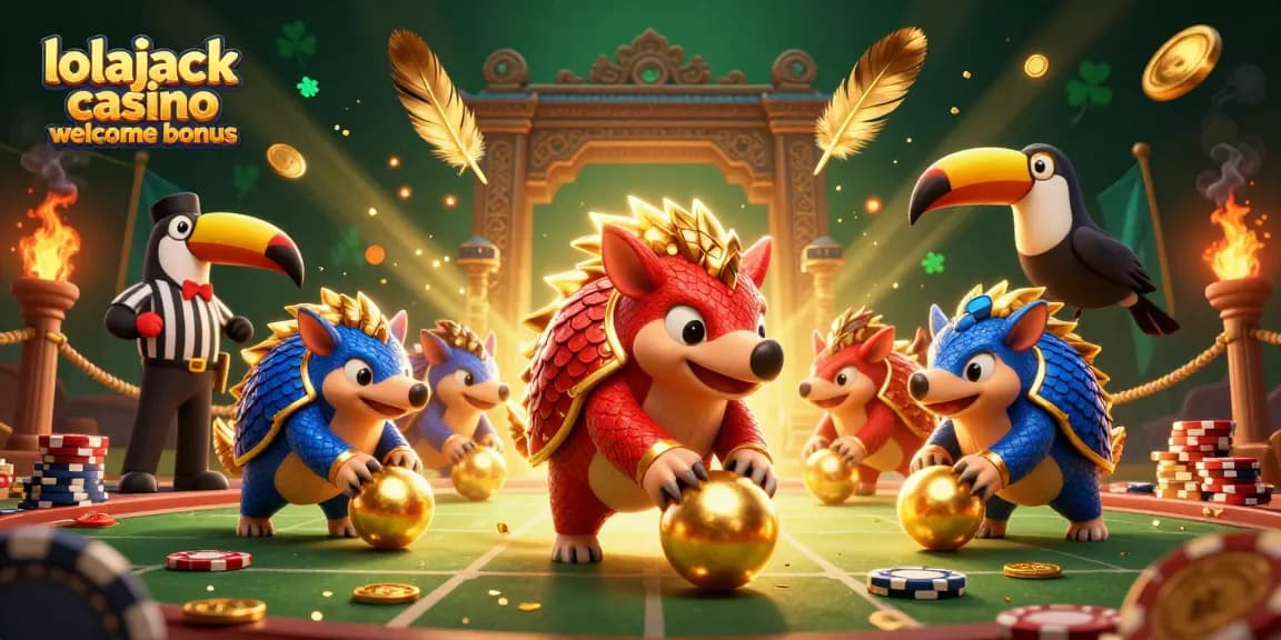 Engage with the lolajack casino welcome bonus in a vibrant 3D casino scene featuring playful pangolin rivals.