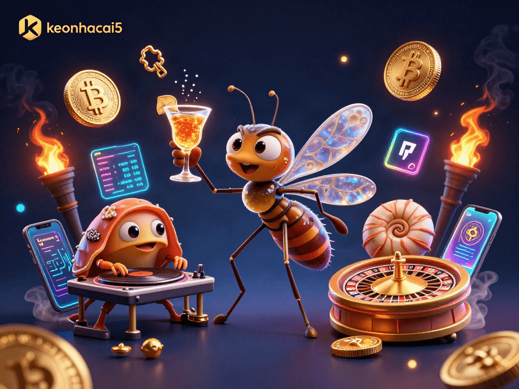 Experience excitement with keonhacai5, showcasing a casino scene rich in crypto elements and dynamic characters.