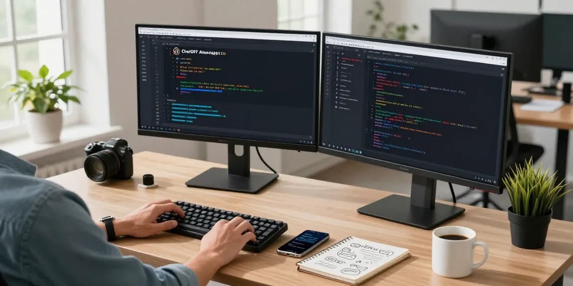 Developer comparing ChatGPT alternatives on monitors in a modern workspace, showcasing technology and productivity.