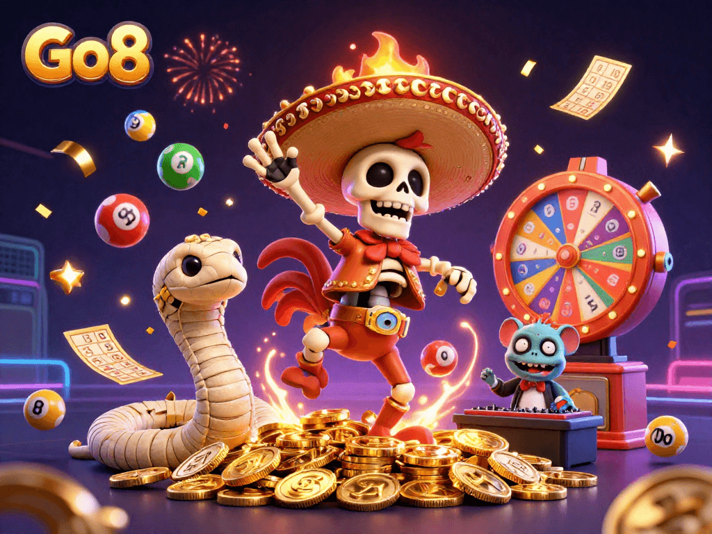 Engage with Go8's thrilling energy as the cartoon characters celebrate big wins with vibrant casino elements.