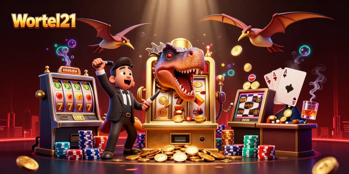 Wortel21 jackpot scene featuring animated dinosaurs winning in a vibrant casino.