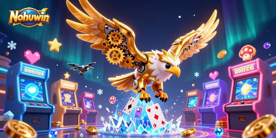Nohuwin showcases a vibrant scene of a golden eagle amidst gaming elements, highlighting casino excitement.