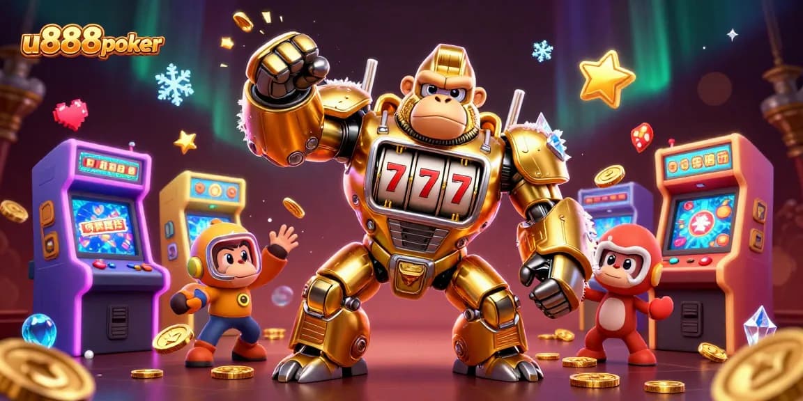 Engage with u888poker through this dynamic 3D slot machine mech battle illustration.