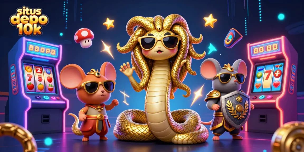 Situs depo 10k players enjoy a colorful casino scene filled with game elements and animated characters.