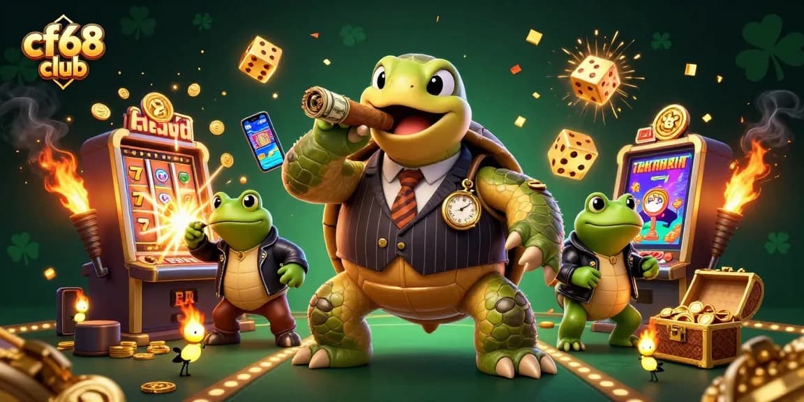 Experience exhilarating slots at cf68 club with a lively turtle mobster and casino action.