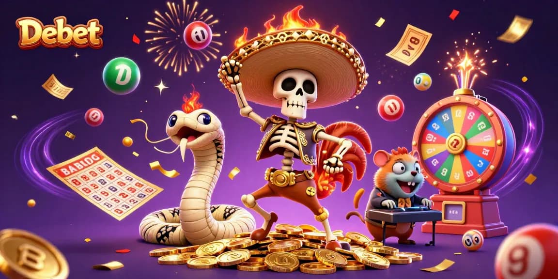 Debet-themed victory dance illustration featuring a mariachi rooster and a zombie hamster DJ.
