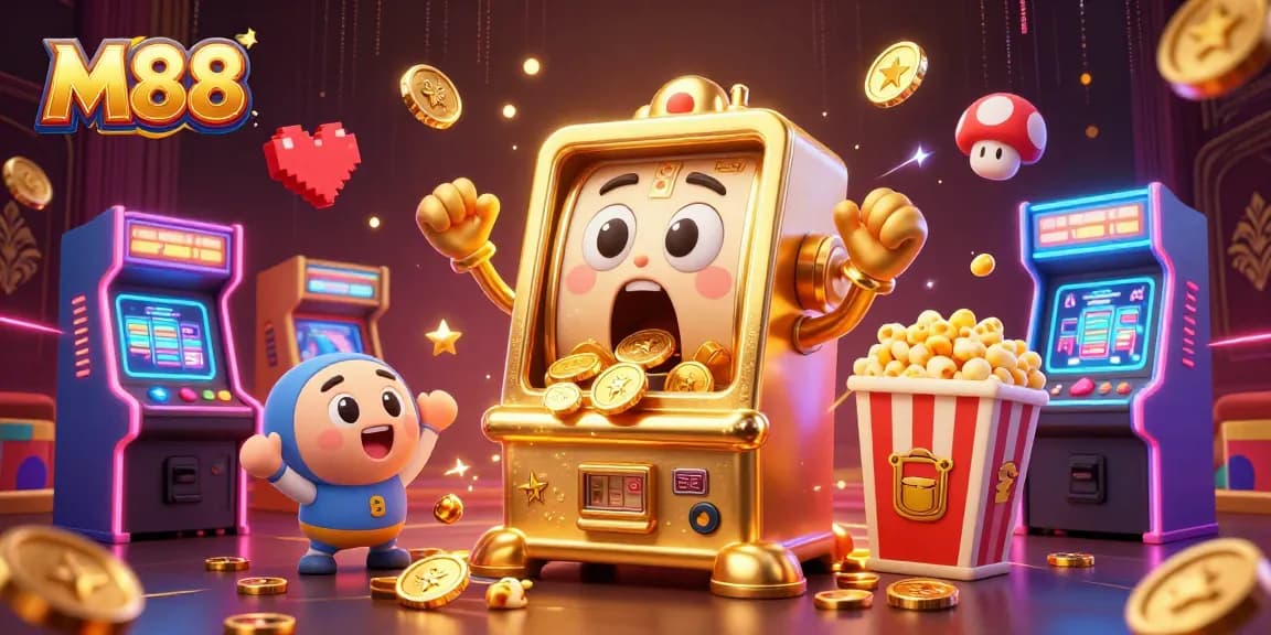 M88 slot machine hits jackpot with coins pouring as baby slots cheer, ideal for gaming excitement.